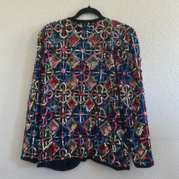Sweelo Vintage 80s Silk Floral Sequin Beaded Jacket Multicolor - Picture 9 of 9